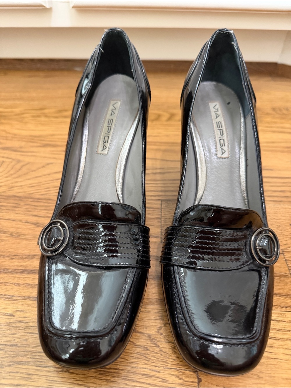Via Spiga Black Patent Leather Loafers with Silver Buckle